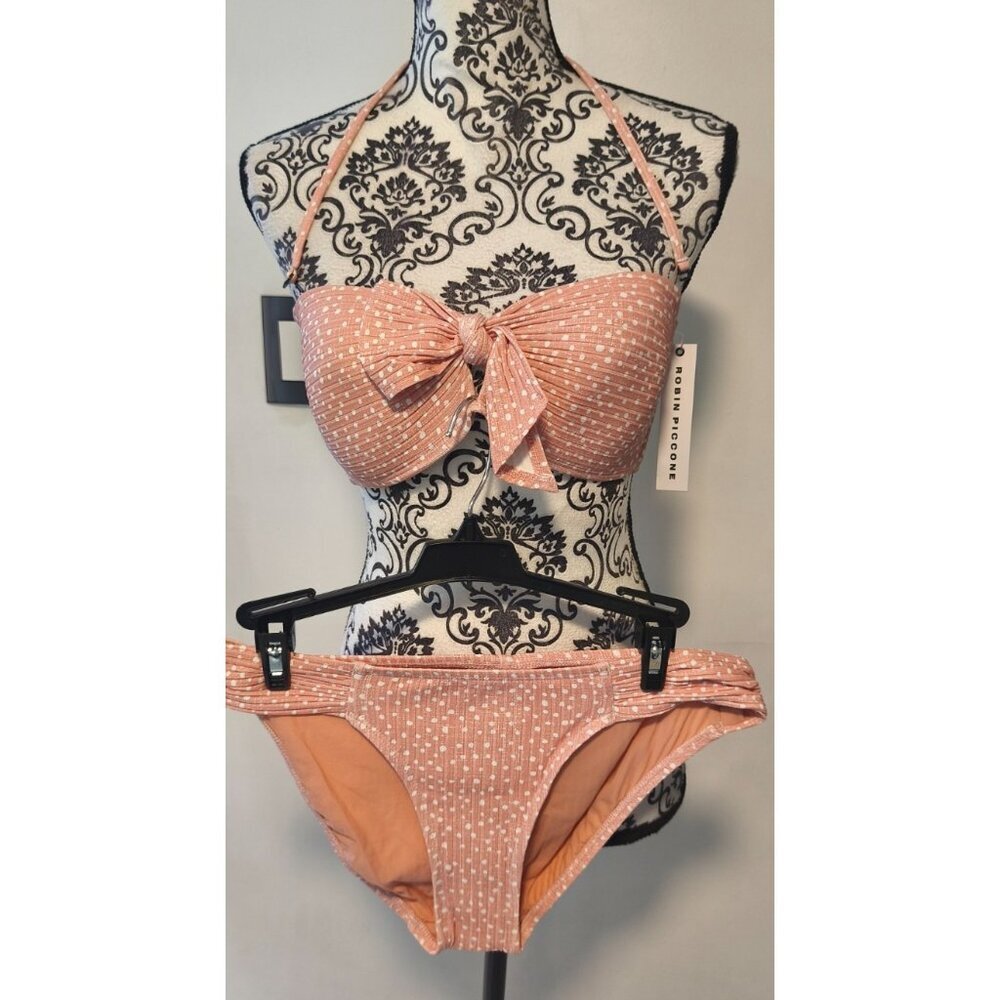 Robin Piccone Bikini Set Sz M Pink Polka Dot Bandeau Mid Rise NWT